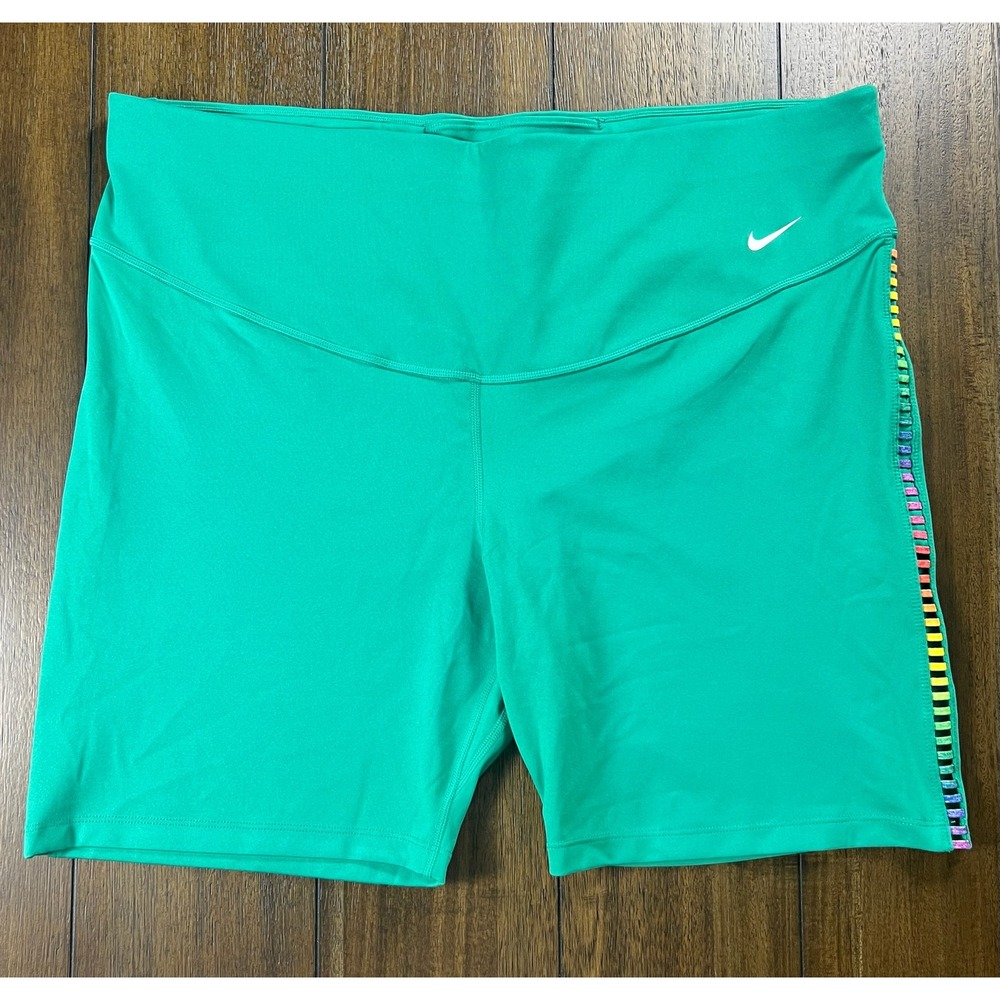 Nike Dri-FIT Womens 2X Green Biker Shorts Rainbow Side Detail High Waisted